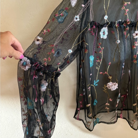 Floral Embroidered Sheer Black Top - Picture 2 of 7
